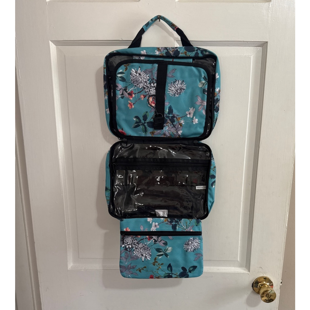 Bang & Carsen Teal Floral Hanging Travel Cosmetic Bag with Black Hardware - Picture 3 of 6